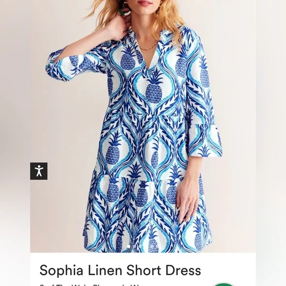 Boden dress NWT 4 Sophia Linen Short Dress Blue Pineapple Print online $235 - Picture 1 of 10